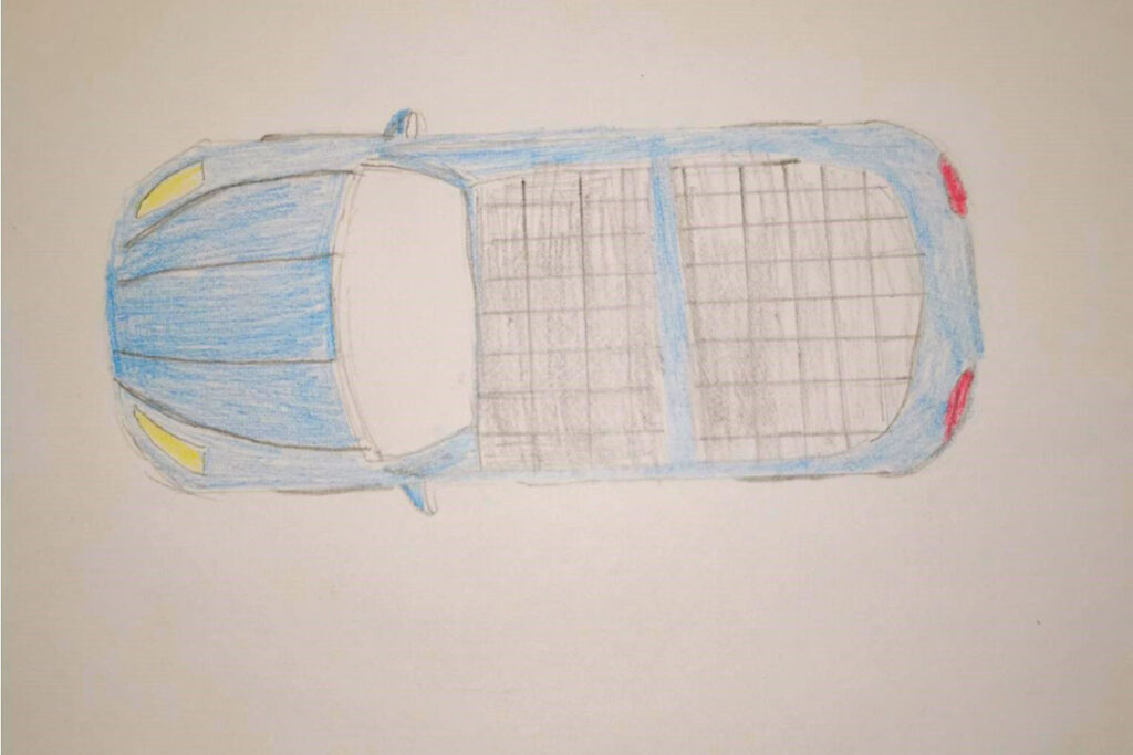Willes teckning av framtidens bil i Piteå som har solceller på taket.