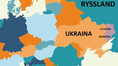 Karta där Luhansk och Donetsk är markerade i östra Ukraina, på gränsen till Ryssland.
