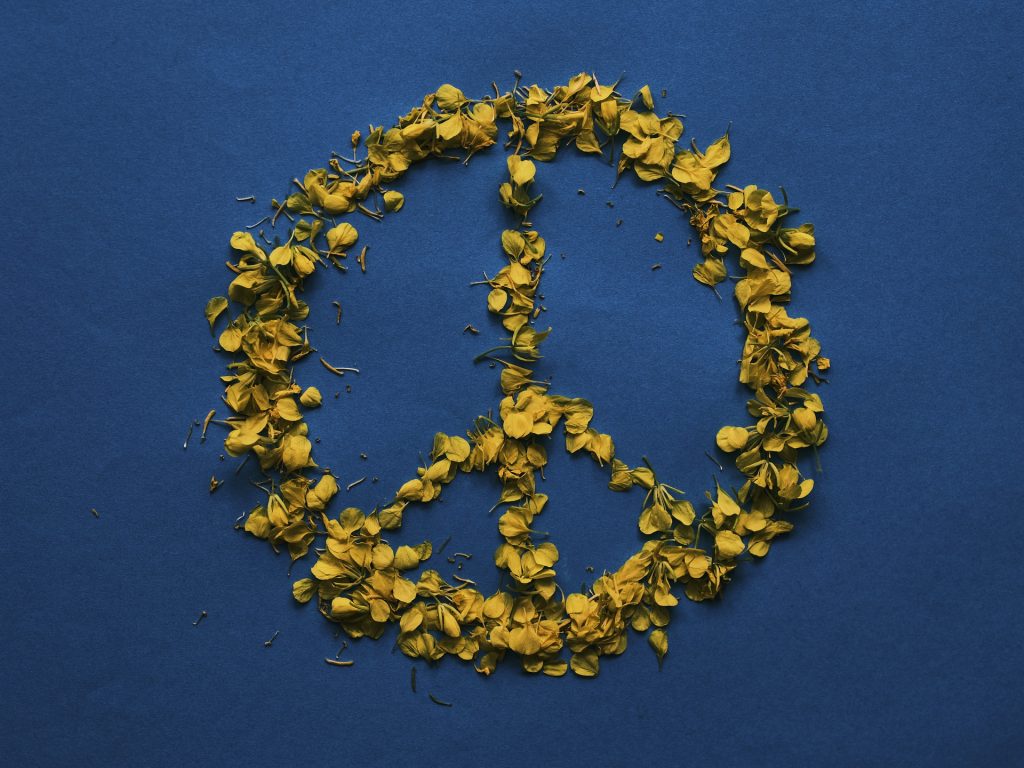Ett fredsmärke bildat med kronblad i Ukrainas färger